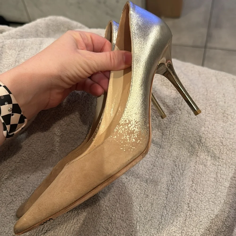Jimmy Choo Tan and Gold Heels Sleek Pointed Toe - Picture 2 of 10